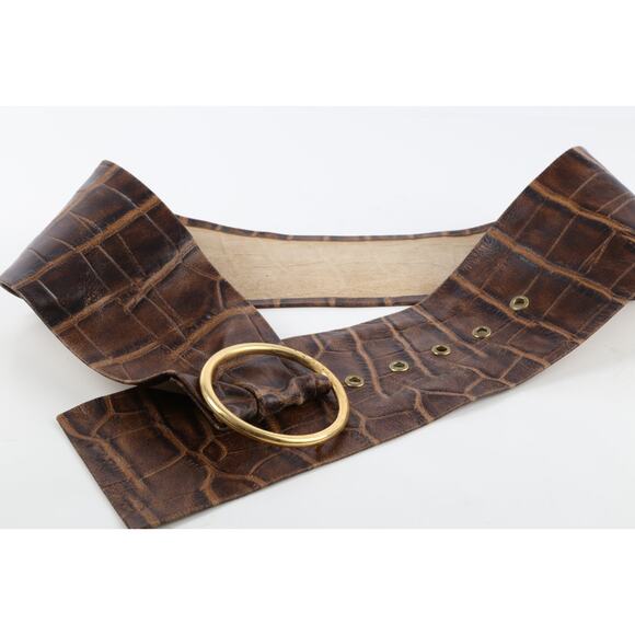 Vintage Croco Print Leather Belt Brown Wide Gold Round Buckle Size S main image 5